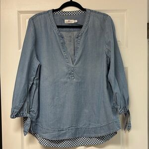 Women's Blue Chambray Top Gingham V Neck Elbow Tie Side Slits Size XL